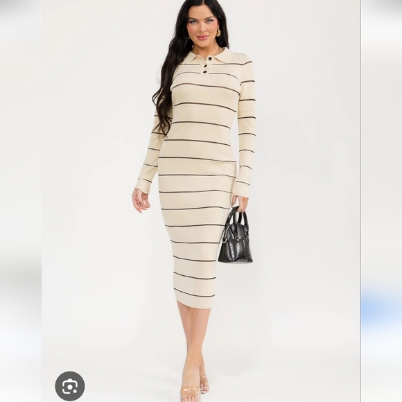 Hot & Delicious Dresses & Skirts - NWT Hot & Delicious Striped Cream Long Sleeve Collared Dress Large PTP 22
